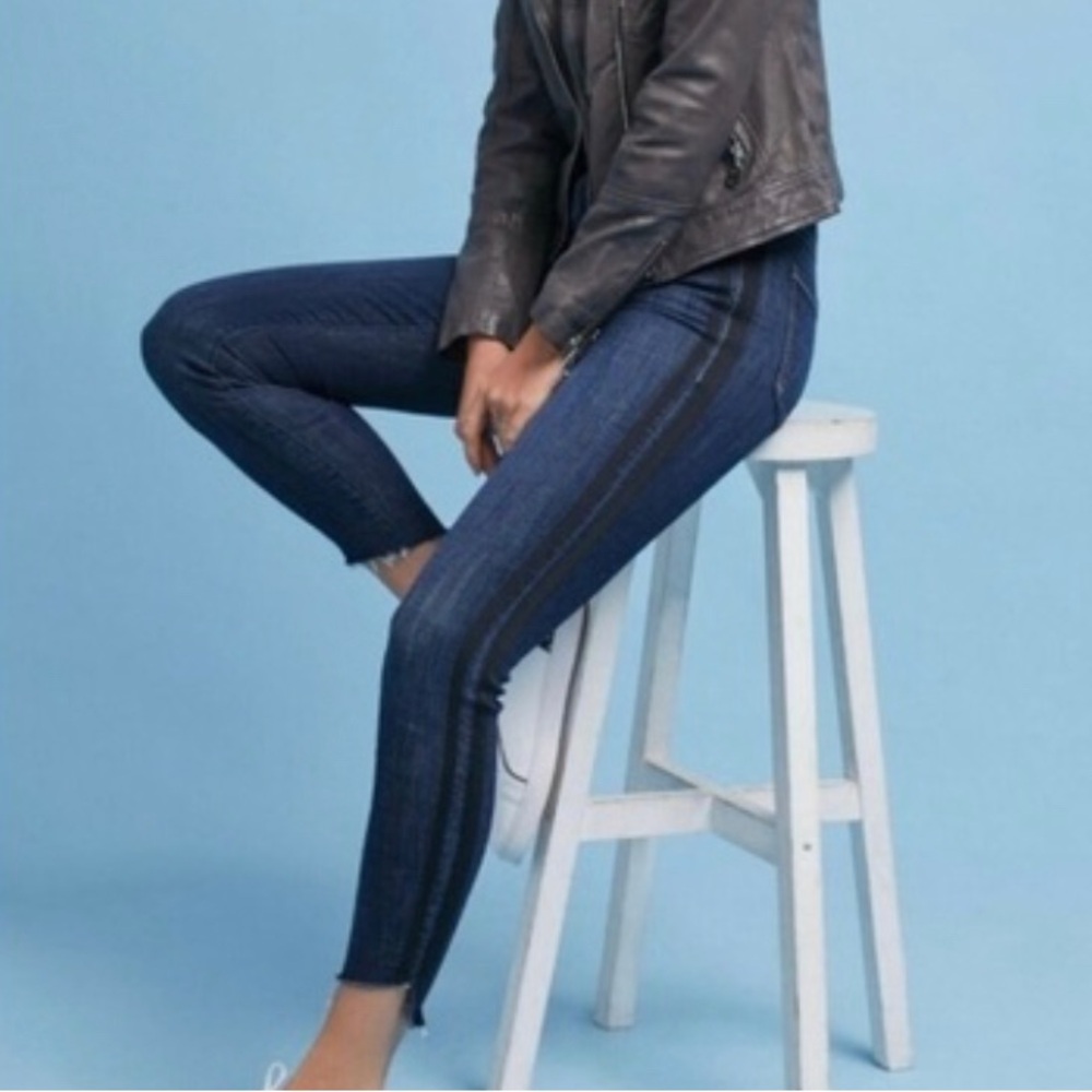 Mother Denim Blue Stunner Zip Ankle Fray Sweeping Racer Stripped Jeans Size 25